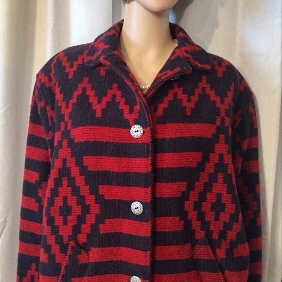 Woolrich USA Women's Size Small Navajo Red Black Button Up Coat With Pockets - Picture 6 of 13